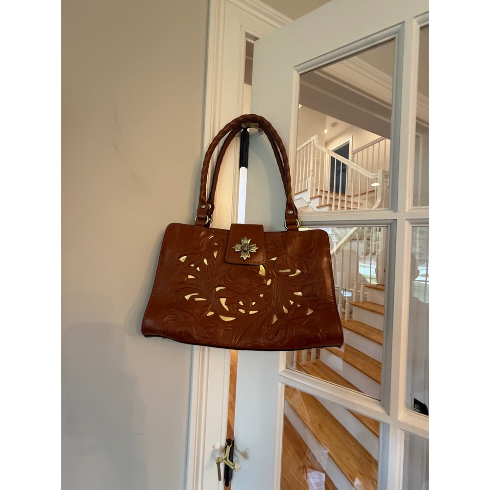 Patricia Nash Tan Tooled Leather Floral Satchel Handbag Gold Underlay Twist Lock - Picture 3 of 8